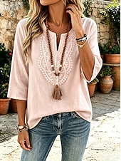 preiswerte Spitzenoberteile-Damen Hemd Boho-Hemd Spitzenbluse Elegant Bohemien Urlaub Dreiviertelarm Lange Oberteile Lässig Täglich Ferien Blau Weiß Khaki Rosa Rote Sommer Frühling