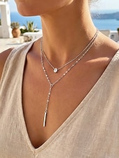 cheap Women's Necklace-Women's Gold Silver Double Layer Bar Pendant Necklace, Minimalist Alloy Layered Chain Jewelry for Women, Elegant Everyday Necklace for Vacation, Work, Party and Gift
