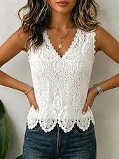  Women's Lace Tops Texture Lace Trim Elegant Sleeveless V Neck Regular Tops Casual White V-neck Summer