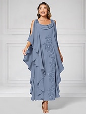  Sheath Column Ankle Length Party Dress Cocktail Dress Wedding Guest Dress Mother of the Bride Dress Half Sleeve Boat Neck Elegant Luxurious Sparkle & Shine Wedding Guest Chiffon with Beading Tier