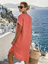 abordables Dresses-Women's Knee Length Dress Linen Dresses Vintage Daily Slim Plain Short Sleeve V Neck Khaki Red Orange Summer
