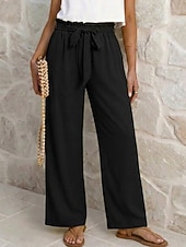 abordables Pantalones de pierna recta-Women's Wide Leg Vacation Lounge Pants Long High Waist Plain Tie Comfortable Micro-elastic Vacation Black Yellow Pink Blue Summer Spring Loose Fit