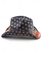  Patriotischer Western-Cowboyhut für Herren, Strohhut aus Polyester mit USA-Flagge und verstellbarem Kinnband, weiß-khakifarbener Sommerhut für Rodeo-Feiern am 4. Juli, dem amerikanischen