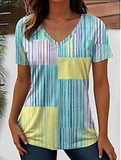  Mujer Camiseta Estampado Graphic Plaid A Rayas Elegante Clásico Casual Manga Corta Escote en Pico Tops regulares Casual Diario Azul Piscina Rosa Naranja Verde Trébol Verano Primavera