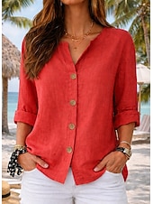 economico Camicie-Per donna Camicie di cotone e lino Blusa Bottoni Tinta unica Quotidiano Casual Manica 3/4 Scollo a V Top lunghi Quotidiano Spiaggia Nero Bianco Rosso Arancione Verde Estate Primavera Autunno