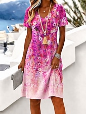  Per donna Mini abito Vestito T-Shirt Abito a trapezio Vacanza Casual Boho Spiaggia Vestibilità regolare Floreale Grafico Manica Corta Scollo a V Blu Viola Verde Estate Primavera