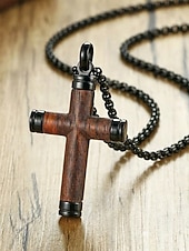 baratos Jóias Masculinas-Colar masculino com pingente de cruz em madeira e liga metálica, corrente em aço inoxidável, joia religiosa, presente para homens maduros, ideal para uso casual no verão, viagens e dia a dia.