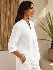  Women's Linen Shirts Blouse Solid Color Vintage Stylish Classic 3/4 Length Sleeve Henry Collar Regular Tops Casual Daily Office White Summer Spring