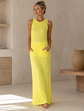 cheap Plain Dress-Women's Maxi Dress Casual Dress Mature Daily Regular Fit Plain Sleeveless Crew Neck Silver rose red Yellow Pink Grey Spring