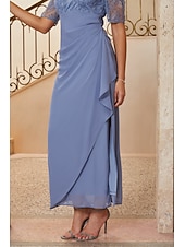  Women's Sheath Column Cocktail Dress Wedding Guest Dress Ankle Length V Neck Half Sleeve Illusion Sleeve Empire Waist Elegant Mother Of The Bride Semi Formal with Chiffon 3D Floral Mesh Lace Slit