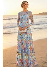 preiswerte Bodenlänge-A-Linie Kleid Bodenlang Brautmutterkleid Langarm Rundhalsausschnitt Elegant Vintage Einfach Formell Hochzeitsgast Semi-Formal Spitze Tüll mit 3D-Blumen Stickerei Applikationen