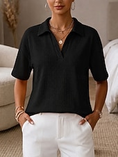  Mulheres Camiseta Camisas Polo Camisetas Tops de tricô waffle Tecido Moda à moda Básico Manga Curta Colarinho de Camisa Tops regulares Casual Diário Para Noite Azul Preto Branco Azul Céu Laranja