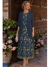 ieftine Seturi de rochii pentru mama-Două Piese Linia -A Lungime Gleznă Rochie Mama Miresei Lungime Manșon 3/4 Stil Nautic Elegant Simplu Luxos Oficial Invitat la nunta Șifon Dantelă Rochii jacheta cu Volane Straturi Broderie