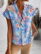  Mujer Camisa Sayo Volante Floral Graphic Elegante Moda Diario Manga Corta Escote en Pico Tops regulares Casual Diario Azul Piscina Blanco Verde Trébol Verano Primavera