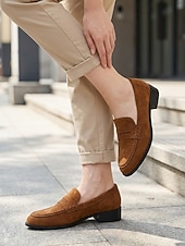 Недорогие Женские слипоны и лоферы-Women's Brown Suede Loafers - Penny Chunky Heel Slip-On Shoes for Pleated Skirts, Casual Streetwear