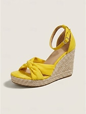 baratos Sandálias de espadrille-Sandálias espadrille femininas amarelas com plataforma e laço - sapatos sensuais de camurça com tira no tornozelo, perfeitos para férias na praia.
