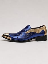 tanie Loafery-Męskie niebieskie, wyraziste buty wizytowe – eleganckie obuwie ze szpiczastym noskiem i wytłoczonym wzorem imitującym skórę krokodyla – modne buty dla dżentelmenów na imprezy, bankiety, wesela i wieczorne wydarzenia