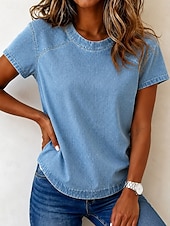 economico T-shirt semplice-Per donna Blusa con texture Patchwork Vintage Moda stile punk Western Manica Corta Girocollo Top Regolari Casuale Blu Estate Primavera