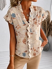 abordables Blusas Florales-Mujer Camisa Sayo Volante Floral Graphic Elegante Moda Diario Manga Corta Escote en Pico Tops regulares Casual Diario Morado Naranja Verde Trébol Verano Primavera