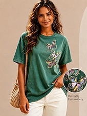 preiswerte Blumen-T-Shirt-Damen 100% Baumwolle Besticktes T-Shirt Grafik Schmetterling Vintage Klassisch Lässig Kurzarm Rundhalsausschnitt Normale Oberteile Lässig Täglich Wochenende Grün Sommer Frühling
