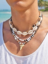 billiga Herrsmycken-herrskal &amp;Halsband med träpärlor i 4 delar, strandsmycken i lager med hajtandshänge, bohemiskt halsband i kustnära surfstil för semester, resor, festivaler och sommarens vardagskläder