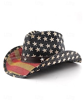  Patriotischer Western-Cowboyhut für Herren, Strohhut aus Polyester mit USA-Flagge und verstellbarem Kinnband, weiß-khakifarbener Sommerhut für Rodeo-Feiern am 4. Juli, dem amerikanischen