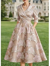 preiswerte Teelänge-A-Linie Tee-Länge blazerkleid Brautmutterkleid Langarm Hemdkragen Elegant Vintage Formell Hochzeitsgast Hochzeitsfeier Satin Jacquard mit Falten Blume