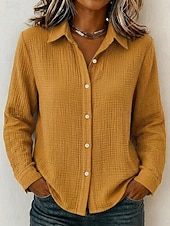  Dames 100% Katoen Button-down overhemd Textuur Knop Dagelijks Lange mouw Casual Geel Blozend Roze Beige Lente, Herfst, Winter, Zomer