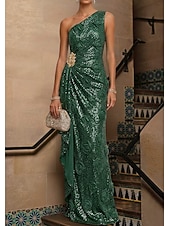 abordables Vestidos de Noche en A-A-Line Mermaid Trumpet Floor Length Evening Gown Formal Dress Elegant Vintage Sparkle Sleeveless One Shoulder Wedding Formal Sequined with 3D Flowers Crystals Ruffles