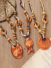 baratos Colar Feminino-Colar feminino boêmio com pingente de madeira, longo, com contas, estilo statement, com pingente de elefante, peixe e flores. Joia artesanal em madeira, ideal para férias, praia, festivais, viagens e