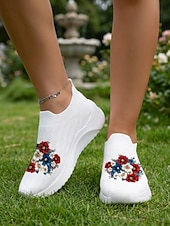  Pantofi sport fără mâneci pentru femei, albi, cu imprimeu floral – pantofi sport respirabili, confortabili, tricotați, cu absorbție ușoară a șocurilor și suport pe tot parcursul zilei, pentru