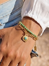 preiswerte Damenarmband-Damen-Doppelarmband im Boho-Stil mit mehreren Lagen Perlen, Naturstein &amp;Charm-Armband aus Titanstahl für Damen, Sommer-Schmuckstück mit mehreren Anhängern – perfekt für Urlaub, Alltag und als Geschenk