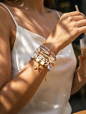 baratos Pulseira Feminina-Conjunto de pulseiras femininas boho em camadas com 8 peças, pingente de estrela-do-mar e concha, em liga dourada, multifilamento, perfeitas para usar na praia, férias de verão e viagens.