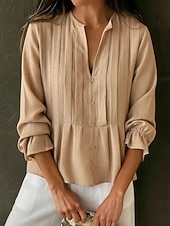  Mulheres Camisa Social Blusa Franzido Côr Sólida Tecido Elegante Moda Diário Manga Longa Sino Decote V Tops longos Casual Diário Vermelho Azul Céu Caqui Verão Primavera