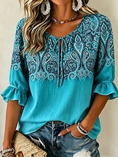 voordelige Kunst en Ontwerp Blouses-Dames Blouse Afdrukken Ombre Grafisch Paisley Vintage Dagelijks Stijlvol Halve mouw Stropdas nek Normale tops Casual Dagelijks blauw Khaki Blozend Roze Zomer Lente