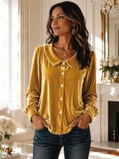 preiswerte Schicke Blusen-Damen Samt Bluse Elegant Stilvoll Langarm Peter Pan Kragen Normale Oberteile Lässig Blau Gelb Rosa Purpur Sommer Frühling Herbst Winter