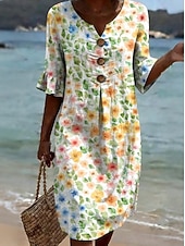  Mulheres Vestido midi Vestidos Para o Verão Vestido A Line Vestido de verão Férias Casual Diário Praia Feriado Normal Gráfico Abstrato Meia Manga Decote V Amarelo Rosa Roxo Verde Verão Primavera