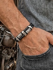 economico Gioielli da uomo-Bracciale da uomo vichingo intrecciato in similpelle e lega, bracciale con rune nordiche multicolore per abbigliamento casual, stile biker, moda outdoor, regalo per lui