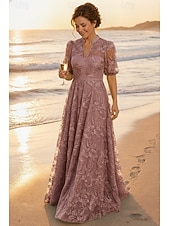 preiswerte Bodenlänge-A-Linie Kleid Bodenlang Spitzenkleid Brautmutterkleid Kurzarm V Ausschnitt Hoher Ausschnitt Elegant Vintage luxuriös Formell Hochzeitsgast Semi-Formal Spitze mit Stickerei Applikationen