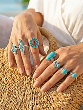 economico Anelli da donna-set di anelli turchesi da donna, anelli impilabili in lega d'argento vintage, gioielli boho sud-occidentali western da cowgirl, anelli vistosi con cactus floreali per vacanze, festival e uso