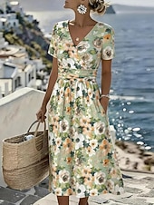 economico Abiti casual floreali-Per donna Abito Midi Abito a Tubino Vacanza Casual Boho Quotidiano Abito Estivo Abito Primaverile Vestibilità regolare Floreale Grafico Foglia Manica Corta Scollo a V Blu Bianco Verde chiaro Verde