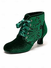  Grüne viktorianische Samt-Ankle-Boots für Damen, Schnürstiefel mit floraler Spitze und Kitten-Heel im Vintage-Stil für Partys, Cosplay und als Hochzeitsgast-Outfit