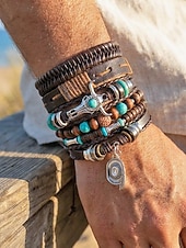 abordables Joyas para hombres-Conjunto de 6 pulseras boho de capas para hombre, con cuentas de madera. &amp;Pulseras de aleación con dije de cabeza de toro y pluma, joyería de estilo occidental para uso casual, viajes, festivales,