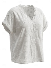  Per donna Top con cuciture in pizzo Tessuto Patchwork Bordo in pizzo Elegante Manica Corta Manica a pipistrello Scollo a V Casuale Bianco Estate Primavera