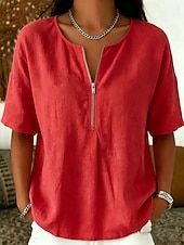  Mulheres Camisa Social Blusa Zíper Côr Sólida Elegante Férias Moda Manga Curta Colarinho de Camisa Tops regulares Casual Azul cor laranja Preto Rosa Vermelho Verão Primavera