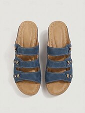 cheap Wedge Sandals-Women's Navy Blue Triple Strap Wedge Sandals – Comfortable Slide Sandals with Metal Design for Summer Walking, Travel &amp; Casual Wear