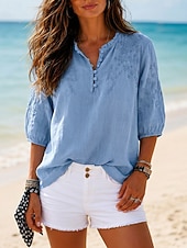 economico Bluse Semplici-Per donna 100% cotone Camicia button-down Tessuto Ricamato Bottoni Vintage Scollo a V Top lunghi Casuale giallo verde Rosa Blu reale Viola Estate Primavera