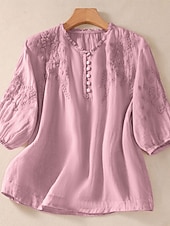 economico Bluse Semplici-Per donna 100% cotone Camicia button-down Tessuto Ricamato Bottoni Vintage Scollo a V Top lunghi Casuale giallo verde Rosa Blu reale Viola Estate Primavera