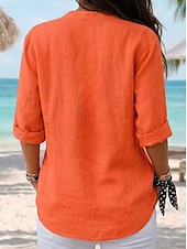 economico Camicie-Per donna Camicie di cotone e lino Blusa Bottoni Tinta unica Quotidiano Casual Manica 3/4 Scollo a V Top lunghi Quotidiano Spiaggia Nero Bianco Rosso Arancione Verde Estate Primavera Autunno