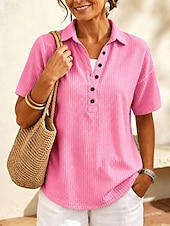 cheap Plain tee-Women's Waffle T-shirt Polo Henley Shirt Buttons Solid Color Plain Vintage Stylish Classic Short Sleeve Shirt Collar Long Tops Casual Daily Blue White Black Pink Red Summer Spring